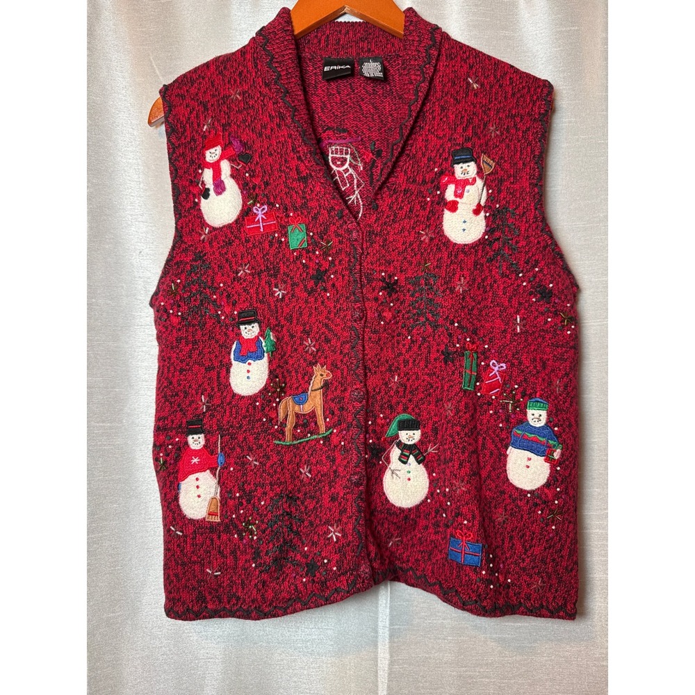 Erika Red Knit Christmas Vest Snowman Reindeer‎ Gifts Holiday Sweater L